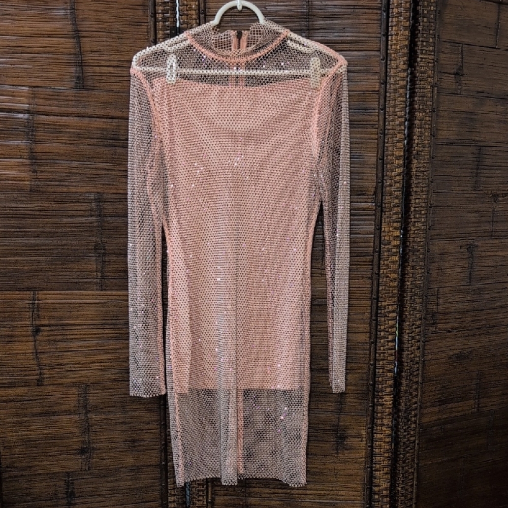 Chic Long Sleeve Pink Mesh Dress